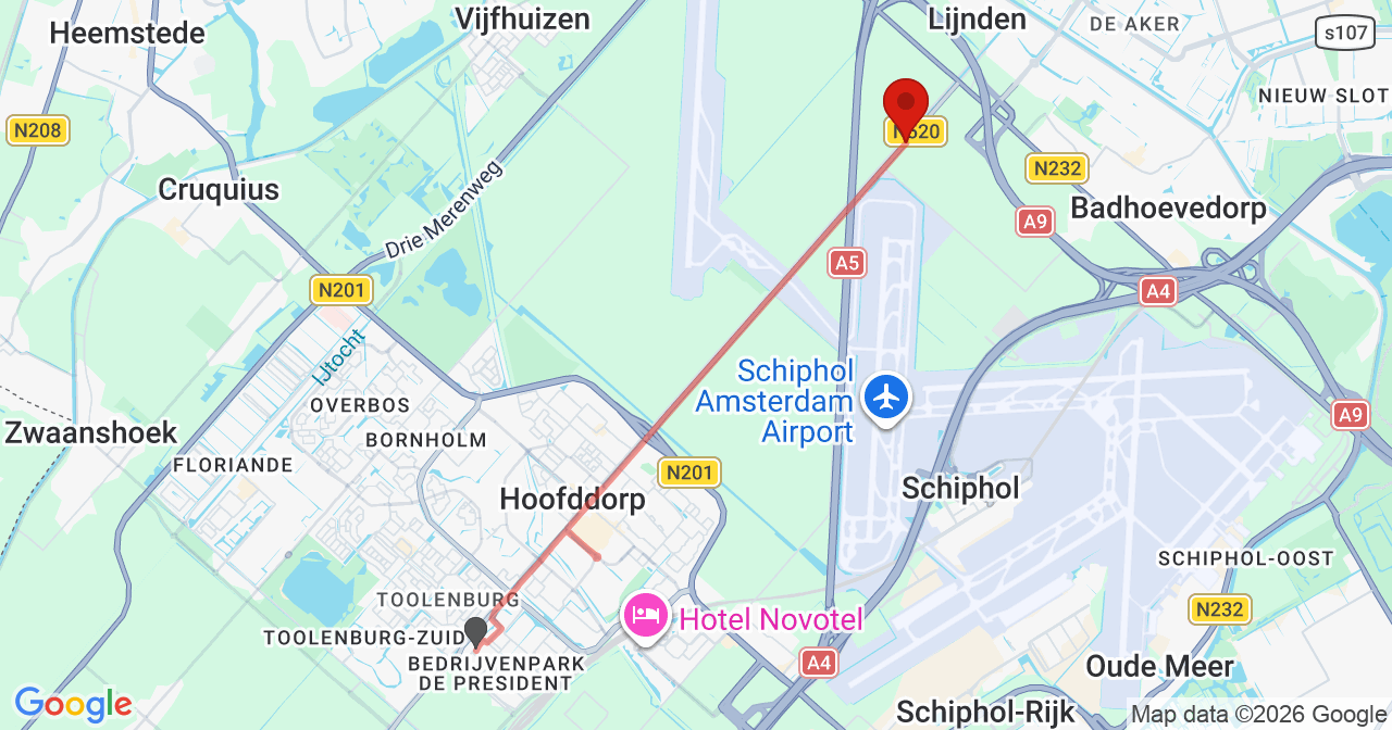 Kaart van het incident in Lijnden met de aanrijroutes van de gealarmeerde eenheden
