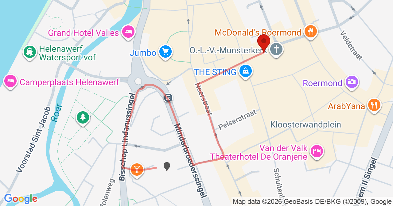 Kaart van het incident in Roermond met de aanrijroutes van de gealarmeerde eenheden