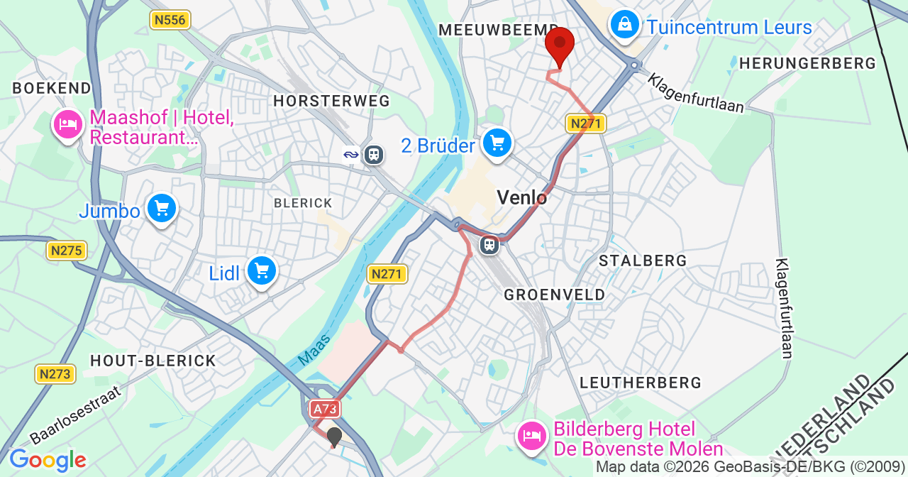 Kaart van het incident in Venlo met de aanrijroutes van de gealarmeerde eenheden