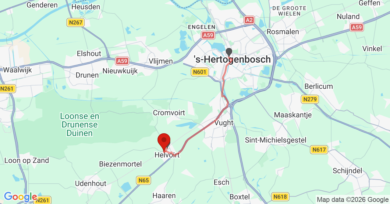 Kaart van het incident in Helvoirt met de aanrijroutes van de gealarmeerde eenheden