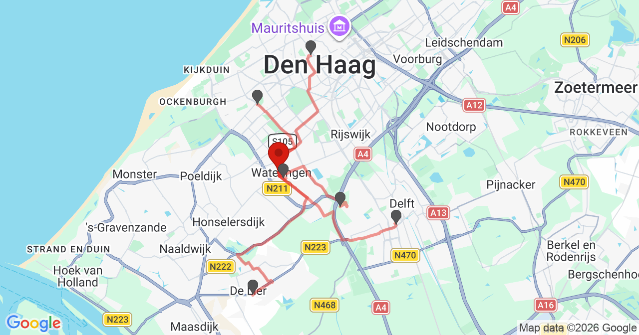 Kaart van het incident in Wateringen met de aanrijroutes van de gealarmeerde eenheden