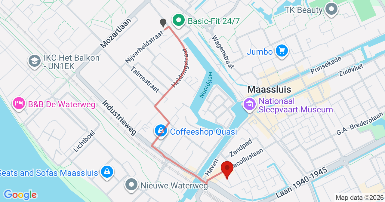 Kaart van het incident in Maassluis met de aanrijroutes van de gealarmeerde eenheden