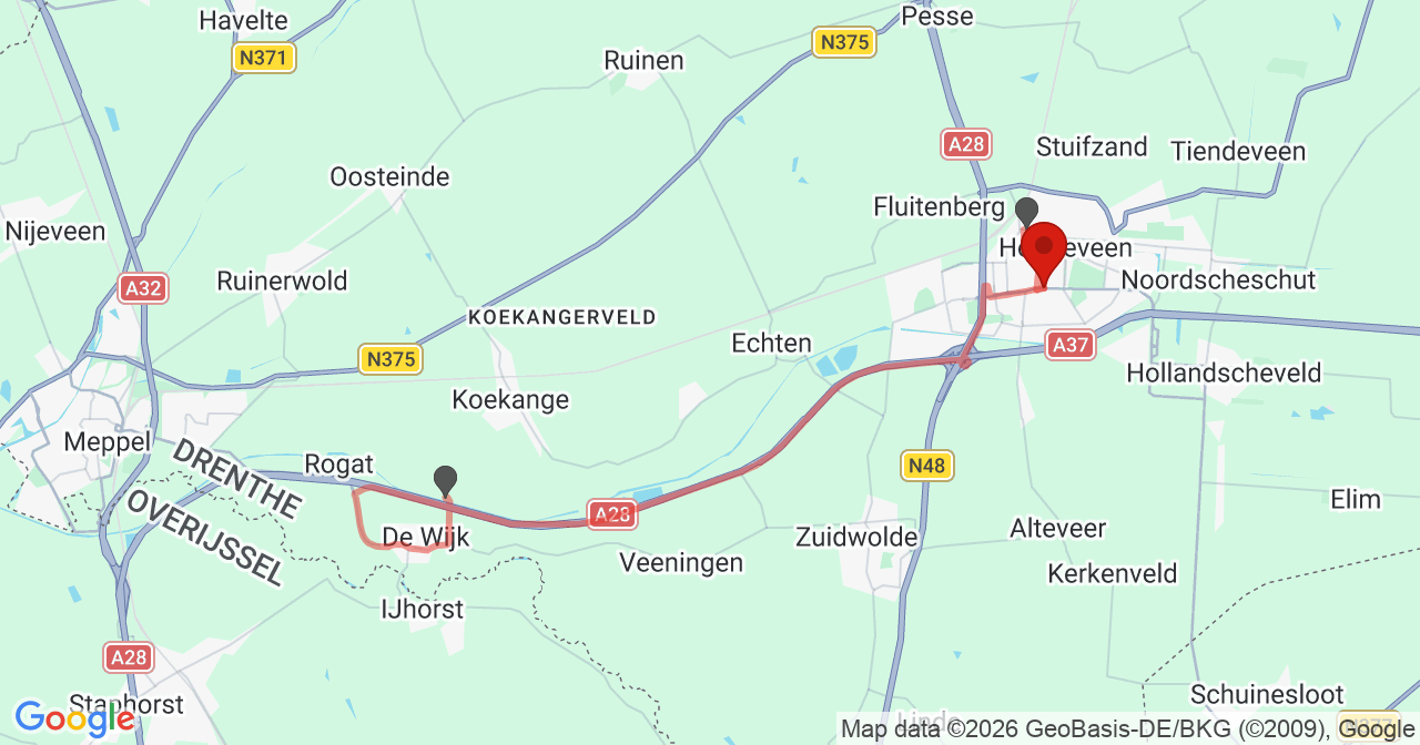 Kaart van het incident in Hoogeveen met de aanrijroutes van de gealarmeerde eenheden