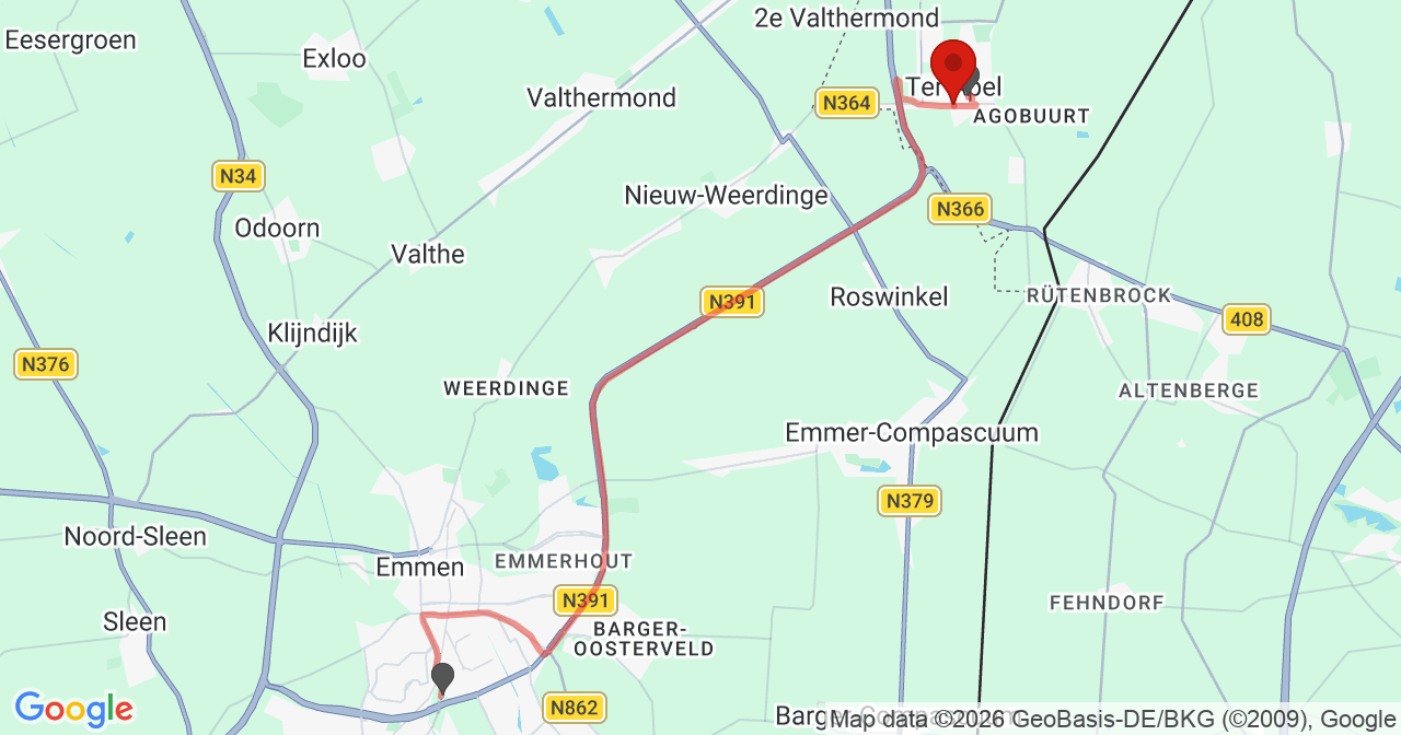 Kaart van het incident in Ter Apel met de aanrijroutes van de gealarmeerde eenheden