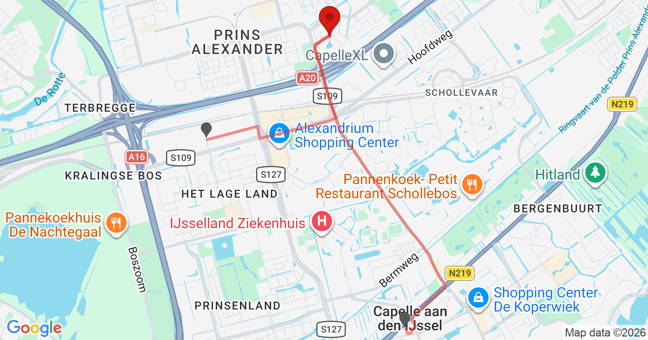Kaart van het incident in Capelle aan den IJssel met de aanrijroutes van de gealarmeerde eenheden