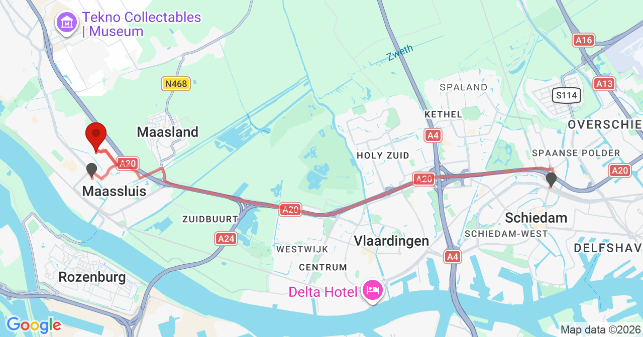 Kaart van het incident in Maassluis met de aanrijroutes van de gealarmeerde eenheden