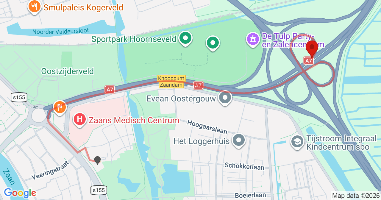 Kaart van het incident in Zaandam met de aanrijroutes van de gealarmeerde eenheden