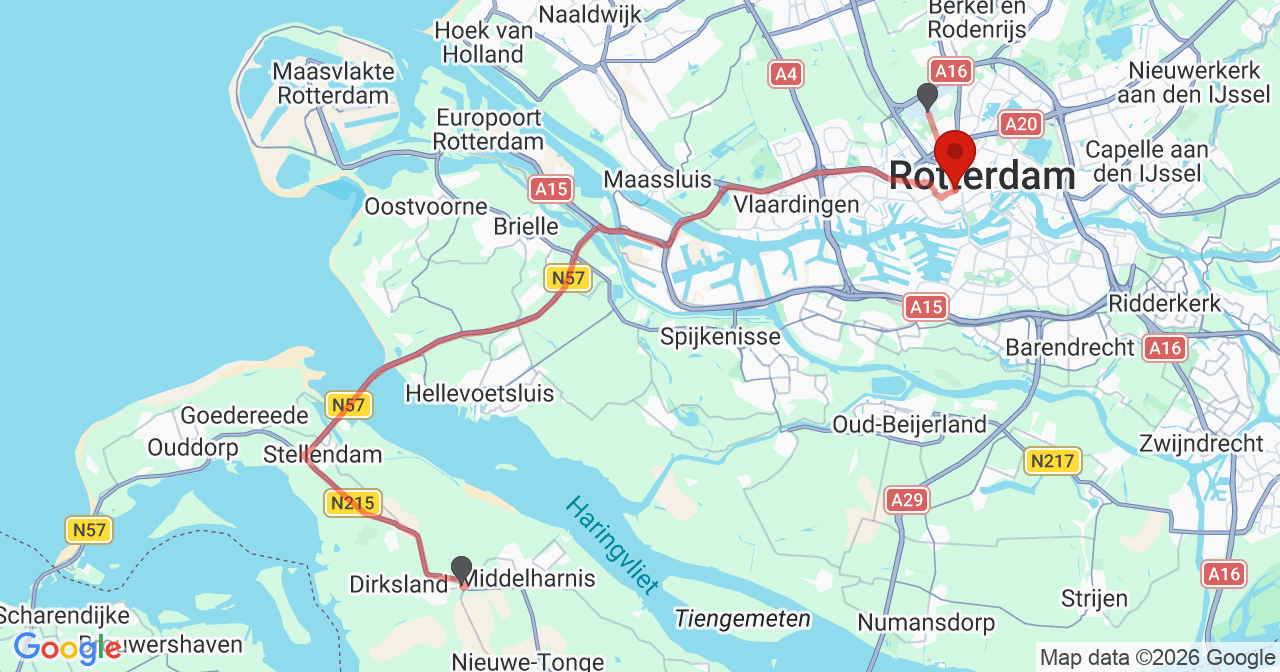 Kaart van het incident in Rotterdam met de aanrijroutes van de gealarmeerde eenheden