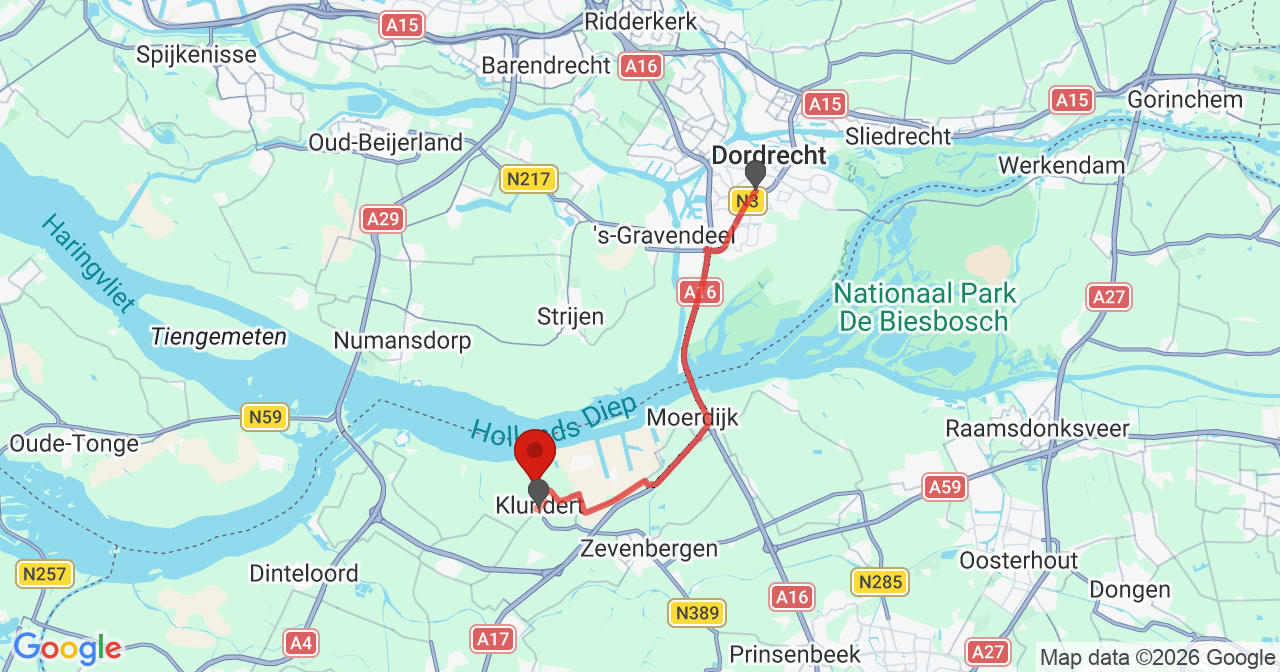 Kaart van het incident in Klundert met de aanrijroutes van de gealarmeerde eenheden