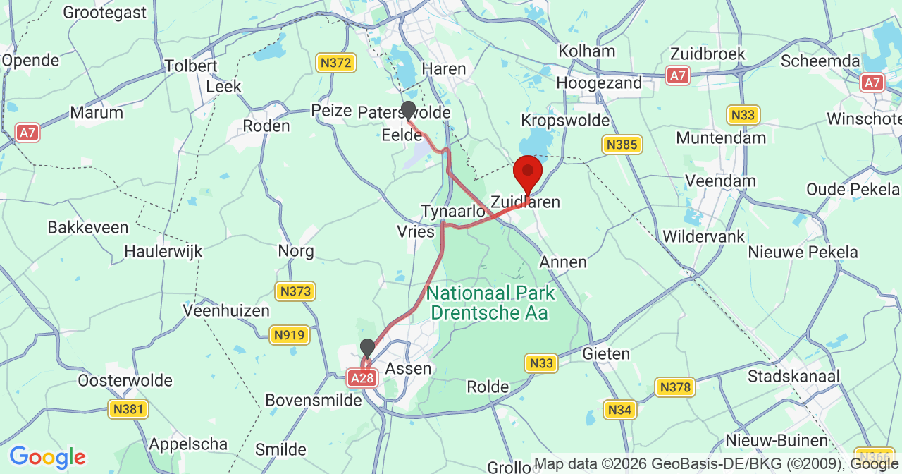 Kaart van het incident in Zuidlaren met de aanrijroutes van de gealarmeerde eenheden