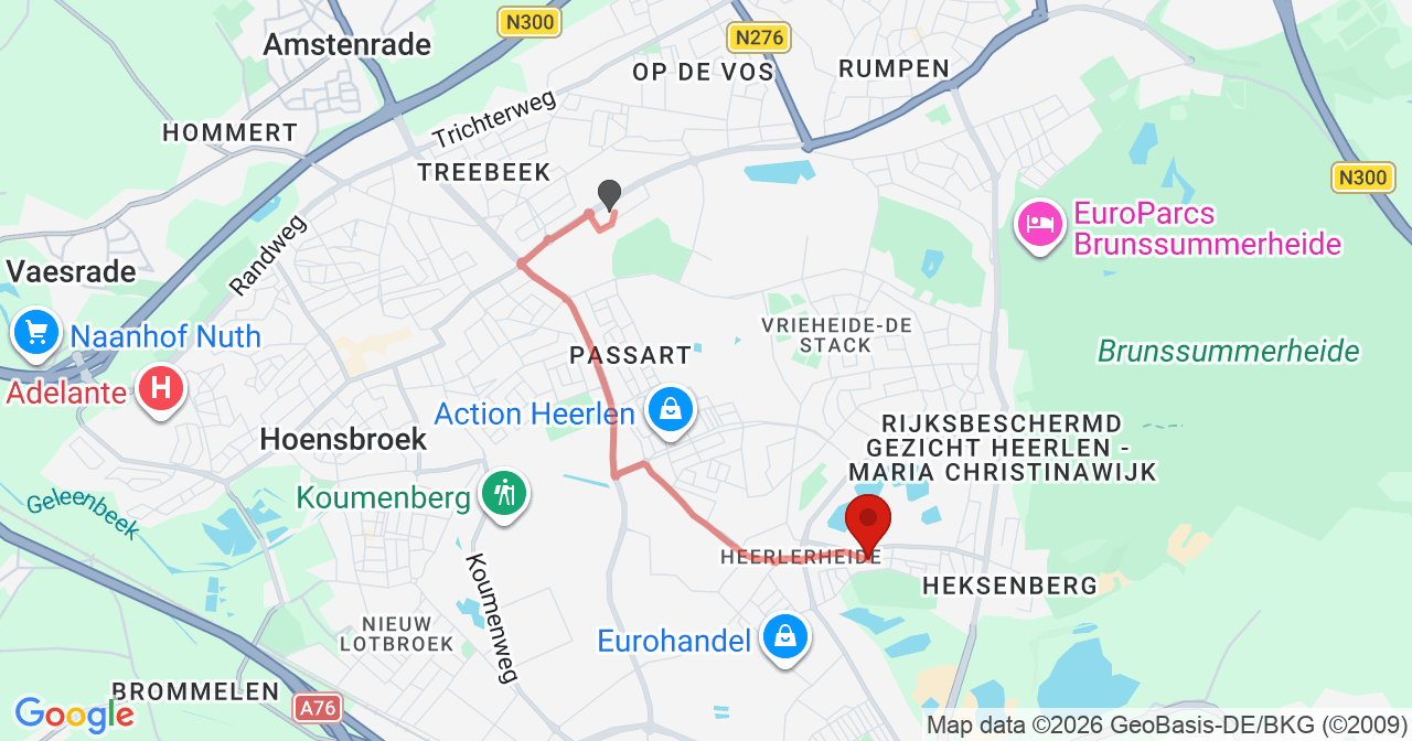 Kaart van het incident in Heerlen met de aanrijroutes van de gealarmeerde eenheden