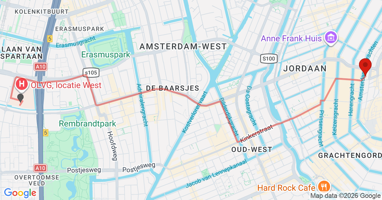 Kaart van het incident in Amsterdam met de aanrijroutes van de gealarmeerde eenheden
