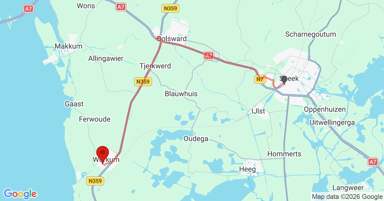 Kaart van het incident in Workum met de aanrijroutes van de gealarmeerde eenheden