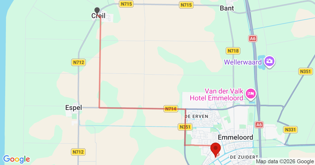 Kaart van het incident in Emmeloord met de aanrijroutes van de gealarmeerde eenheden