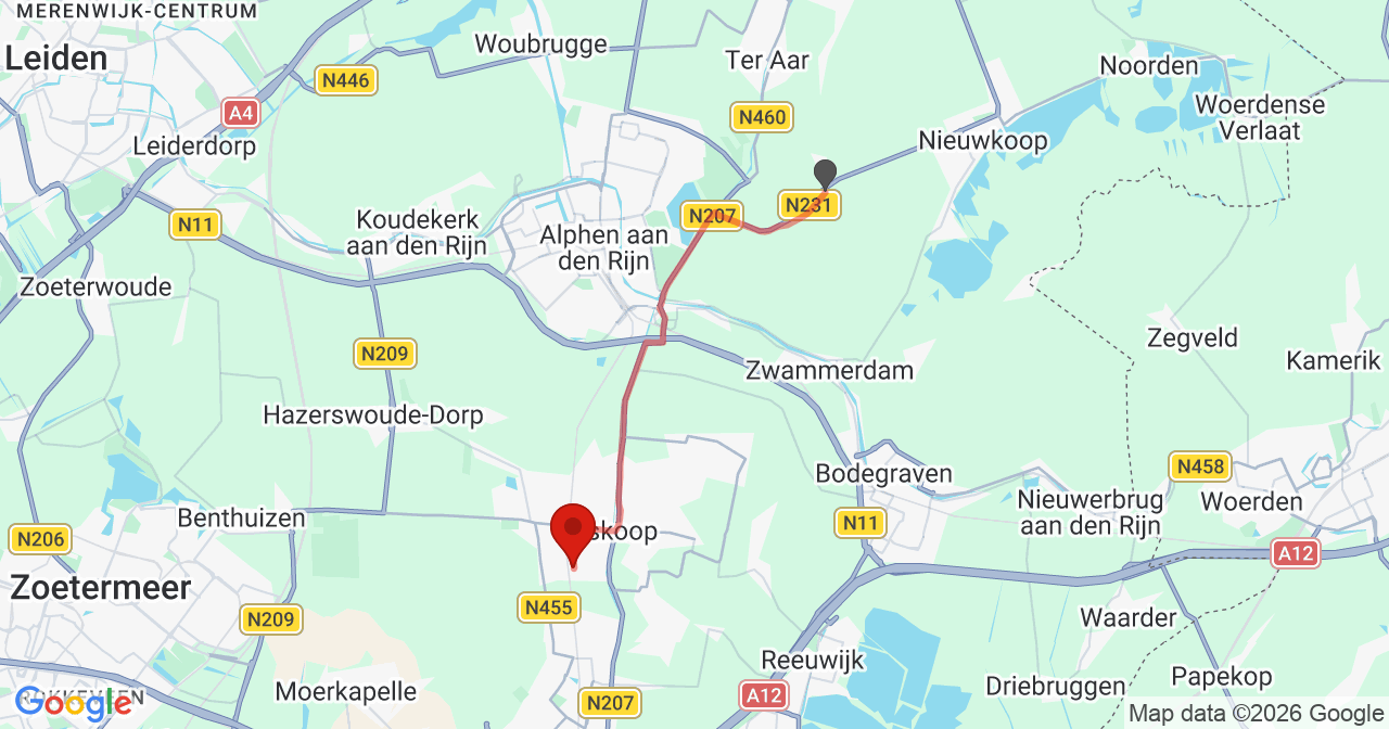 Kaart van het incident in Boskoop met de aanrijroutes van de gealarmeerde eenheden