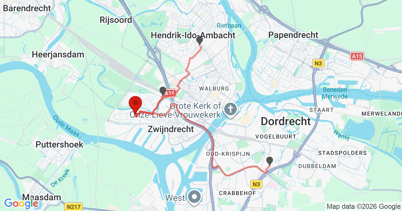 Kaart van het incident in Zwijndrecht met de aanrijroutes van de gealarmeerde eenheden