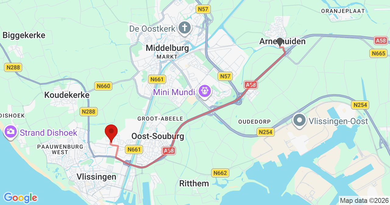 Kaart van het incident in Vlissingen met de aanrijroutes van de gealarmeerde eenheden
