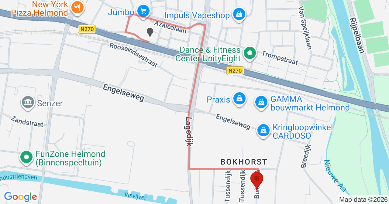 Kaart van het incident in Helmond met de aanrijroutes van de gealarmeerde eenheden