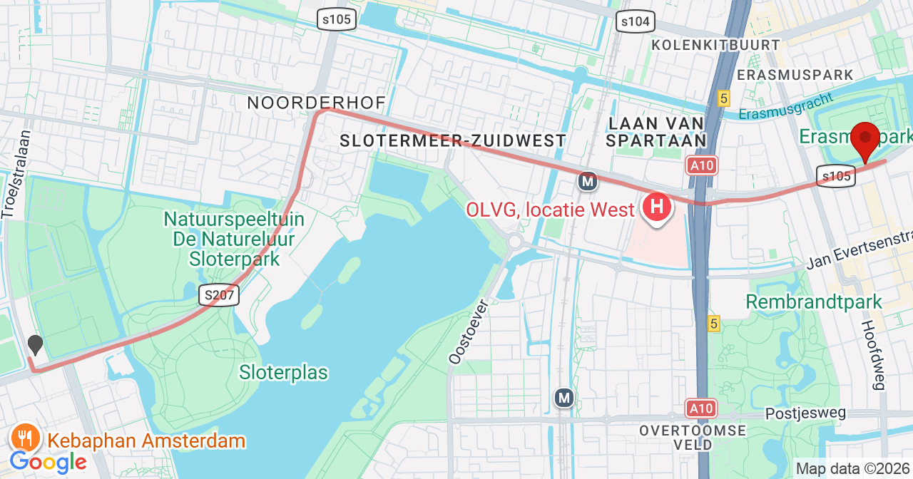 Kaart van het incident in Amsterdam met de aanrijroutes van de gealarmeerde eenheden
