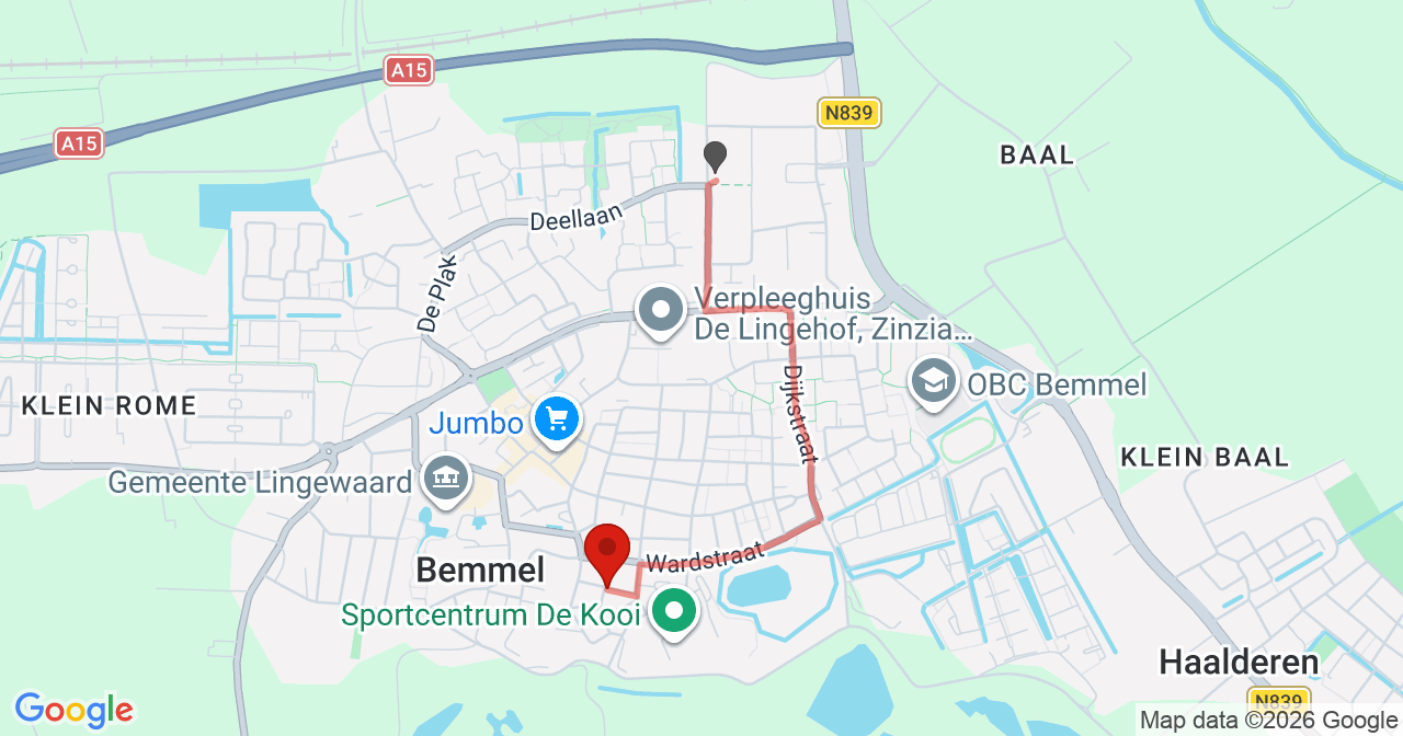 Kaart van het incident in Bemmel met de aanrijroutes van de gealarmeerde eenheden