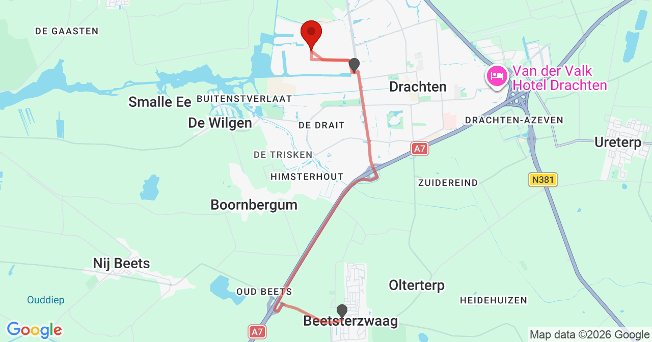 Kaart van het incident in Drachten met de aanrijroutes van de gealarmeerde eenheden
