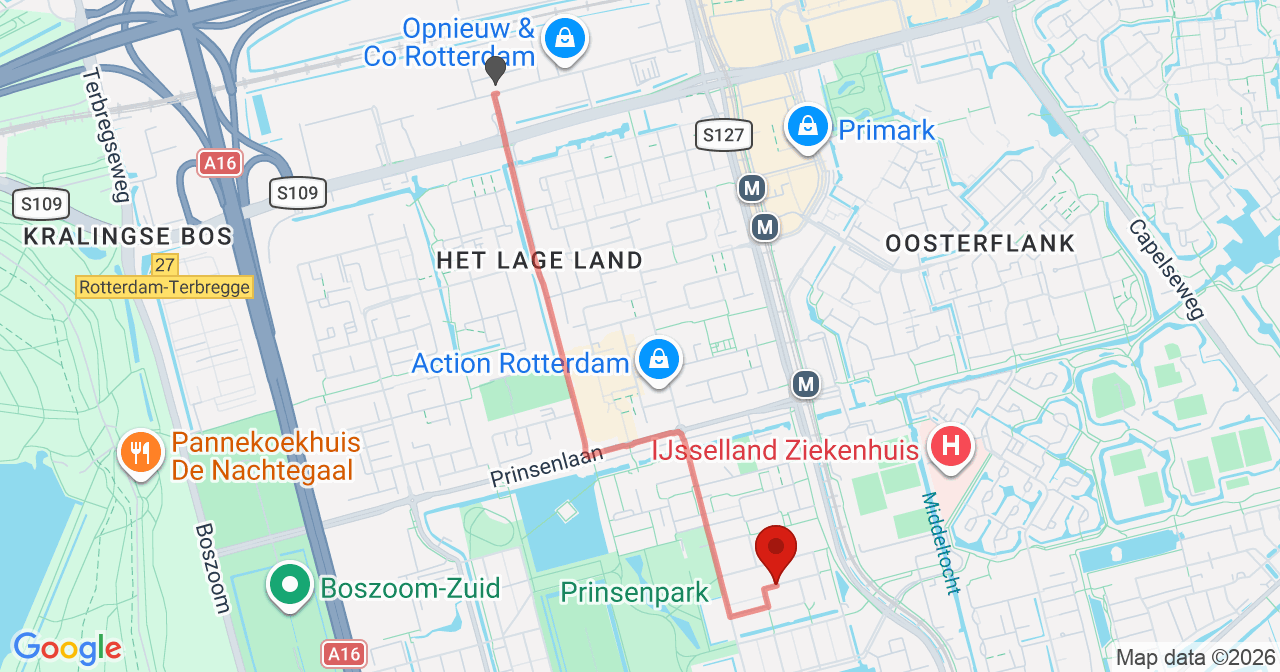 Kaart van het incident in Rotterdam met de aanrijroutes van de gealarmeerde eenheden