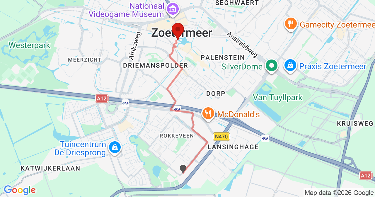 Kaart van het incident in Zoetermeer met de aanrijroutes van de gealarmeerde eenheden