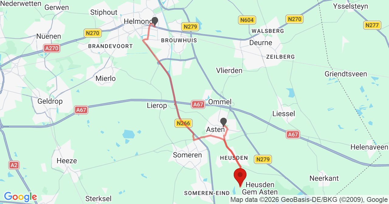 Kaart van het incident in Asten met de aanrijroutes van de gealarmeerde eenheden