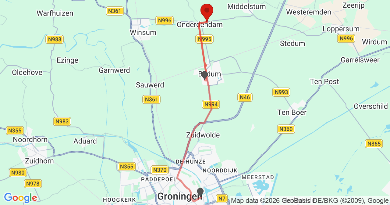 Kaart van het incident in Onderdendam met de aanrijroutes van de gealarmeerde eenheden