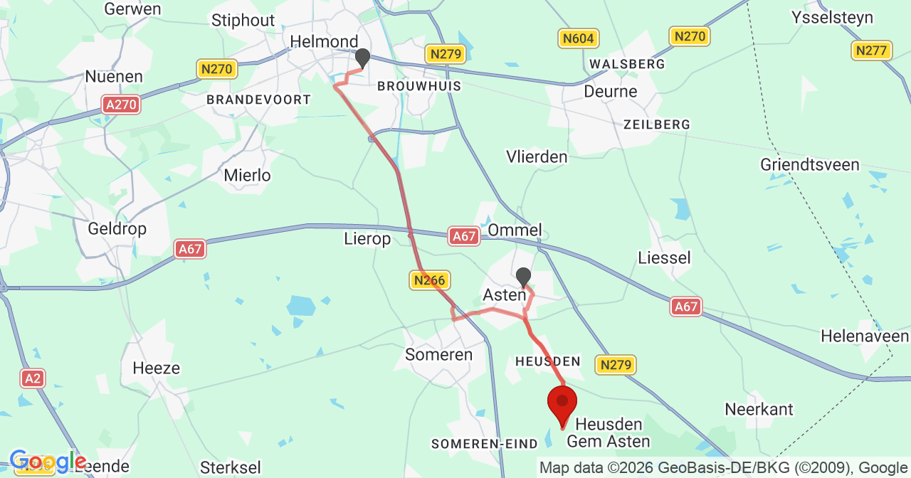 Kaart van het incident in Asten met de aanrijroutes van de gealarmeerde eenheden