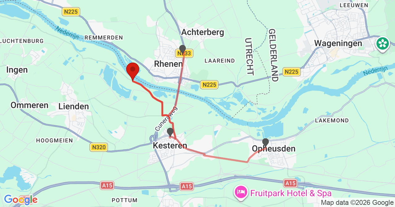 Kaart van het incident in Lienden met de aanrijroutes van de gealarmeerde eenheden