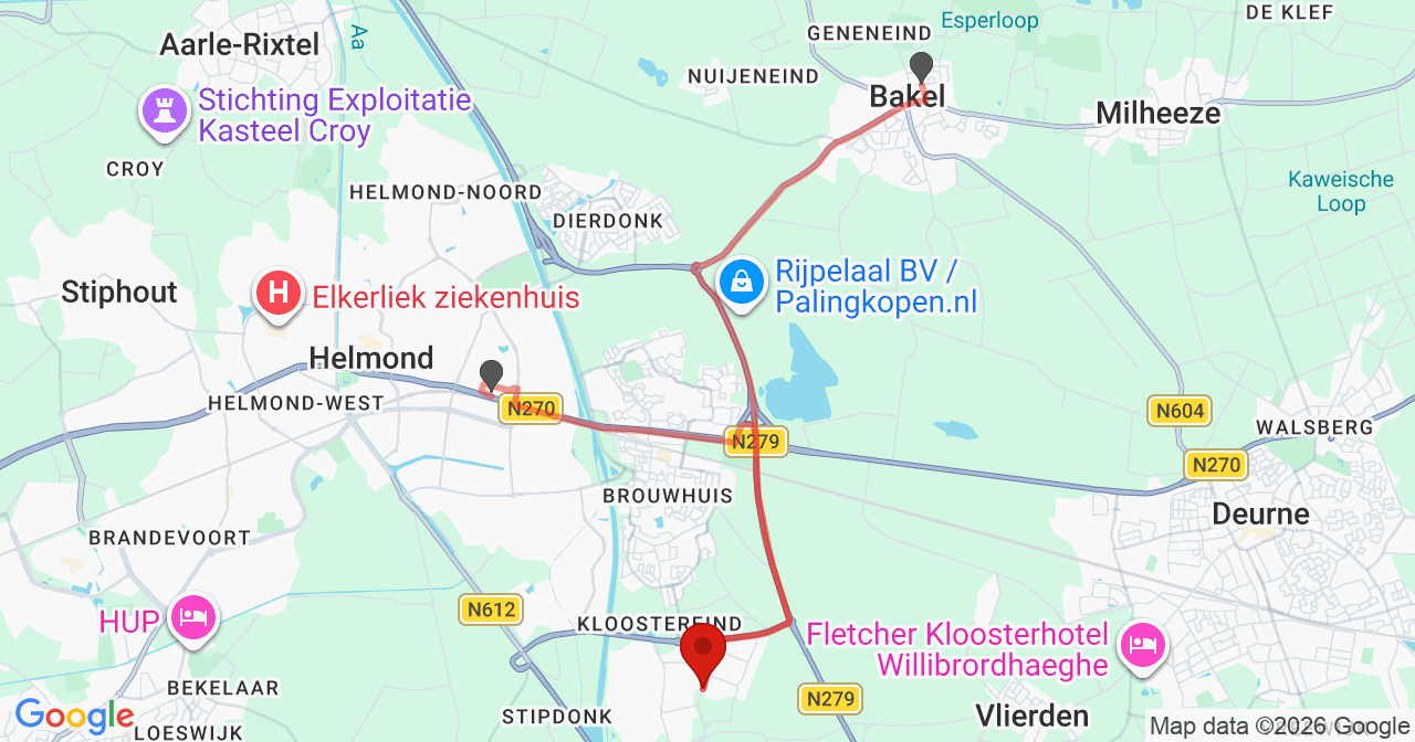 Kaart van het incident in Helmond met de aanrijroutes van de gealarmeerde eenheden
