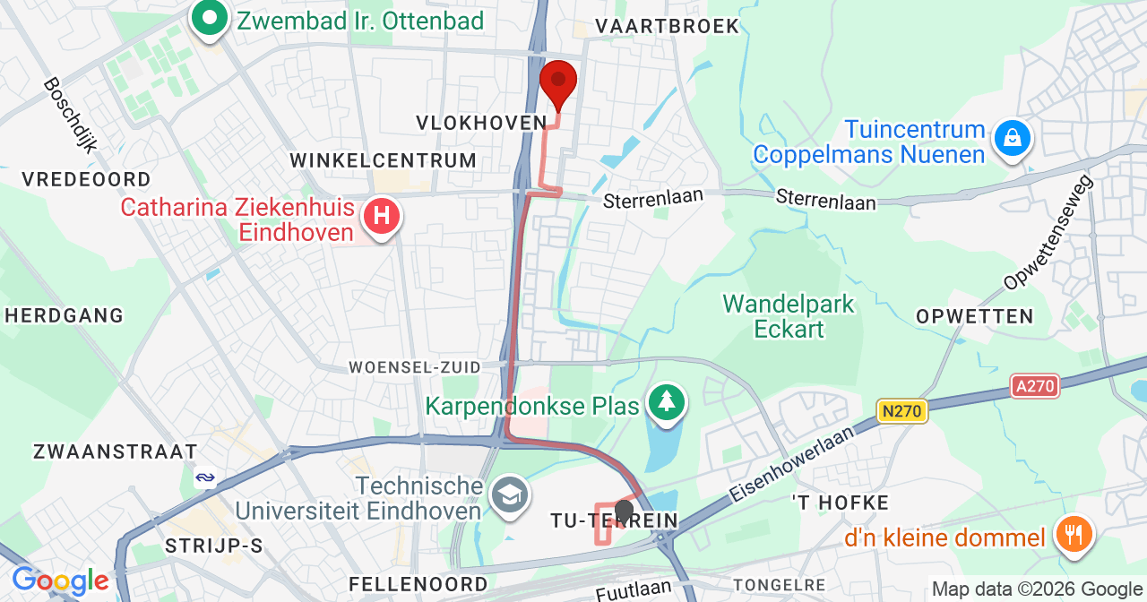Kaart van het incident in Eindhoven met de aanrijroutes van de gealarmeerde eenheden