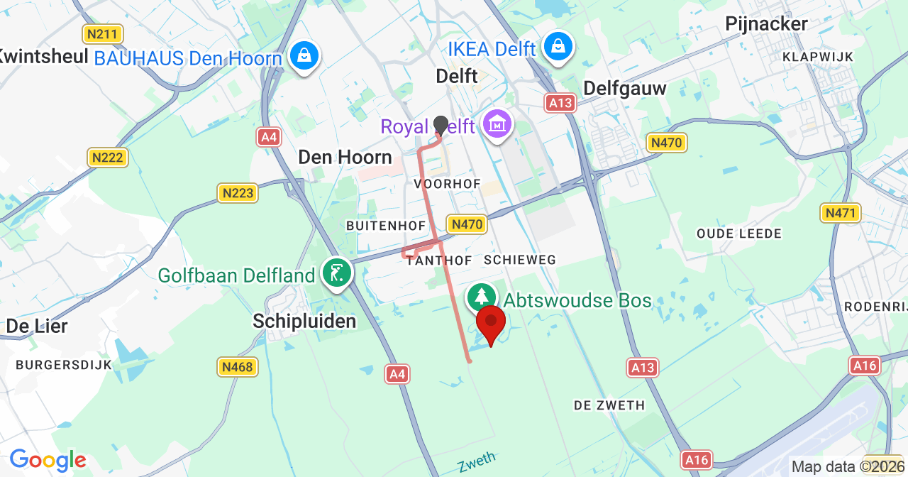 Kaart van het incident in Delft met de aanrijroutes van de gealarmeerde eenheden