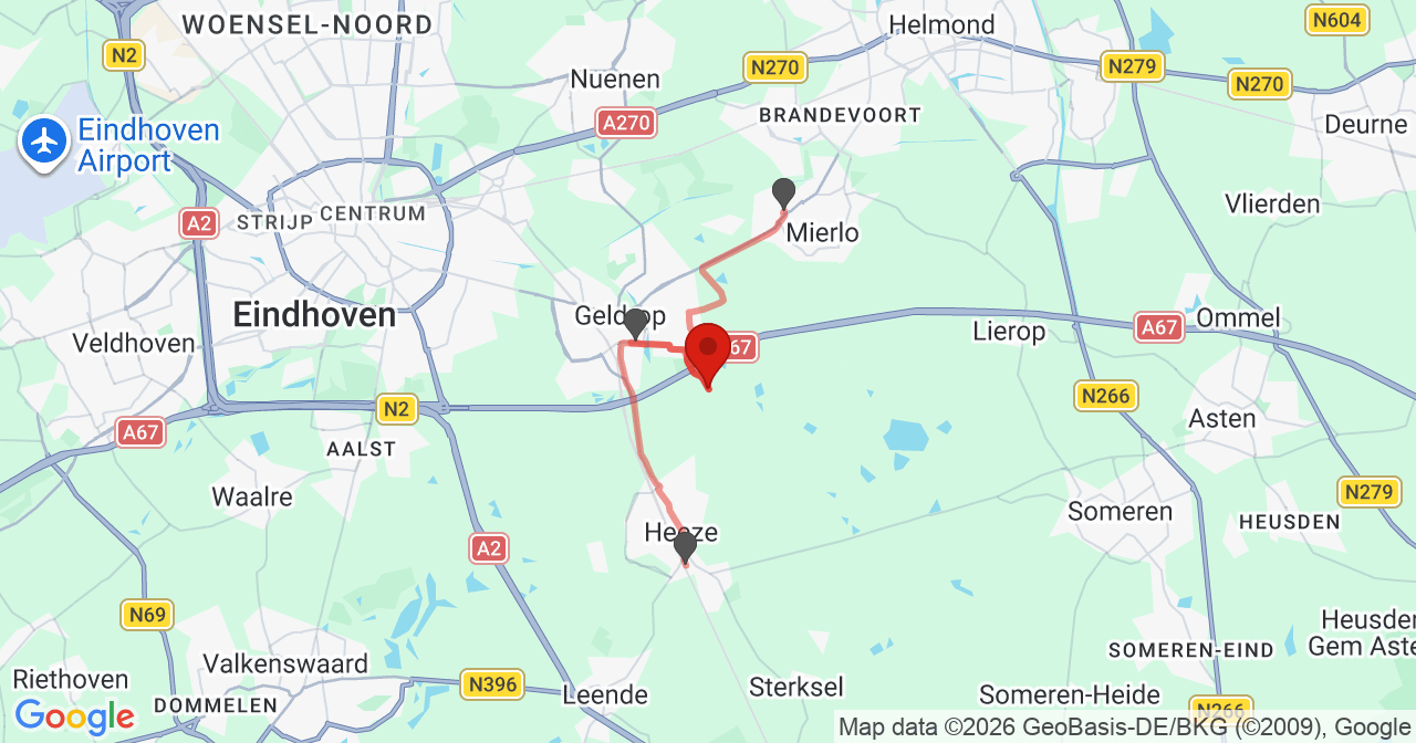 Kaart van het incident in Heeze met de aanrijroutes van de gealarmeerde eenheden