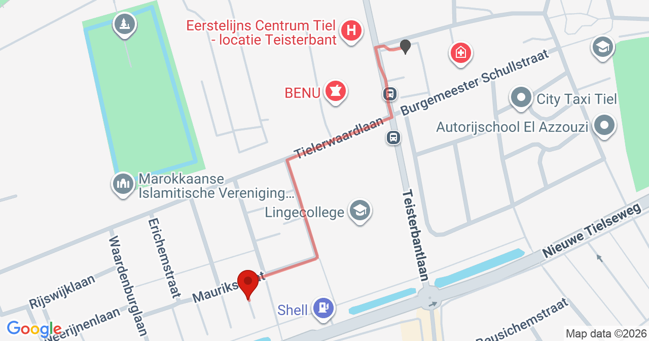 Kaart van het incident in Tiel met de aanrijroutes van de gealarmeerde eenheden