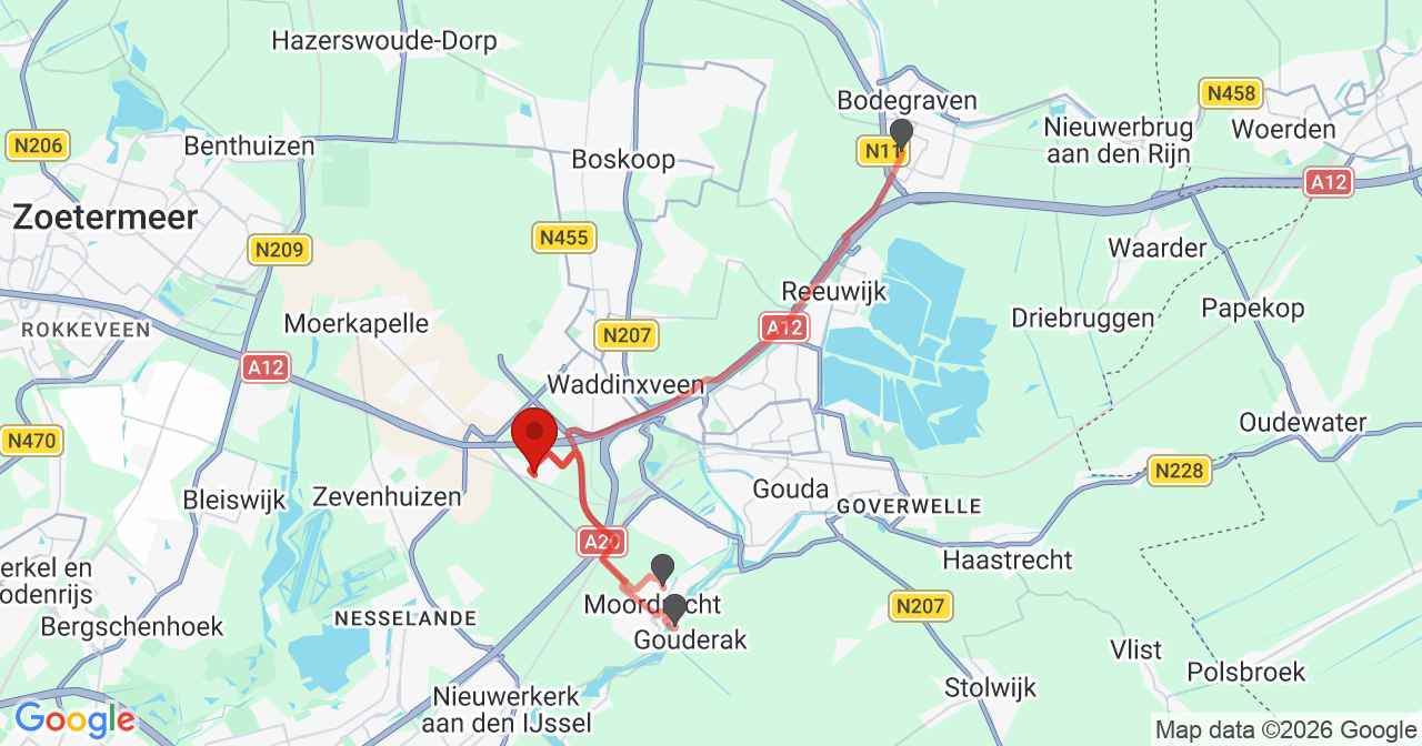 Kaart van het incident in Waddinxveen met de aanrijroutes van de gealarmeerde eenheden