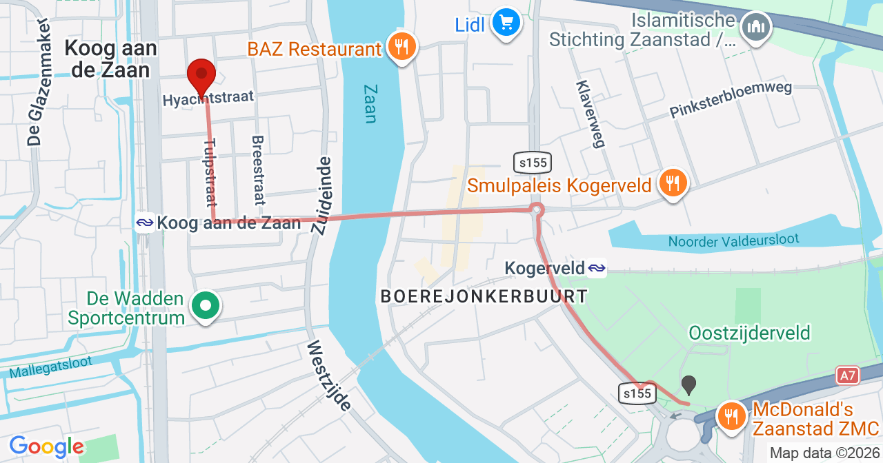 Kaart van het incident in Koog aan de Zaan met de aanrijroutes van de gealarmeerde eenheden