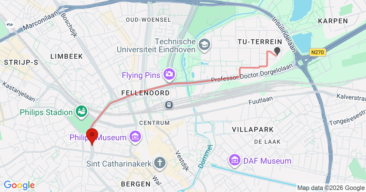 Kaart van het incident in Eindhoven met de aanrijroutes van de gealarmeerde eenheden