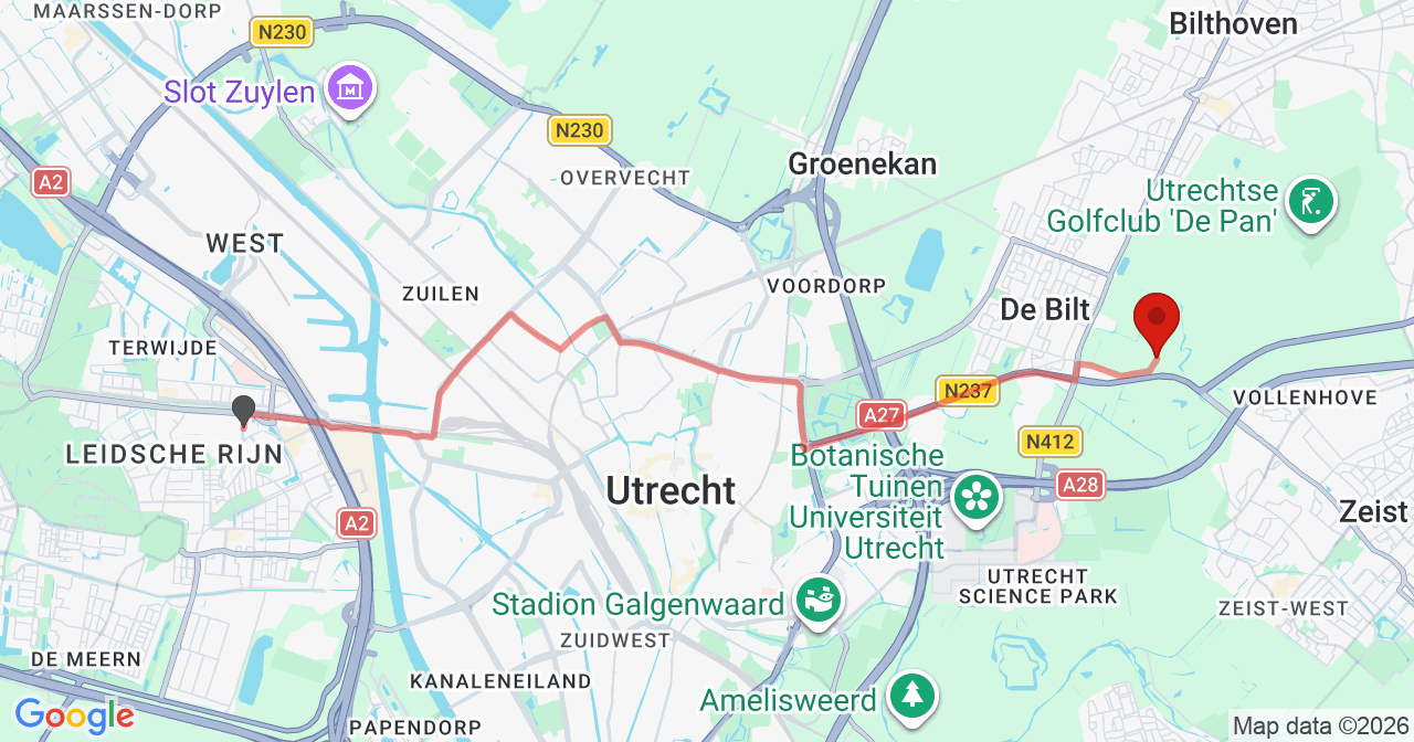 Kaart van het incident in De Bilt met de aanrijroutes van de gealarmeerde eenheden