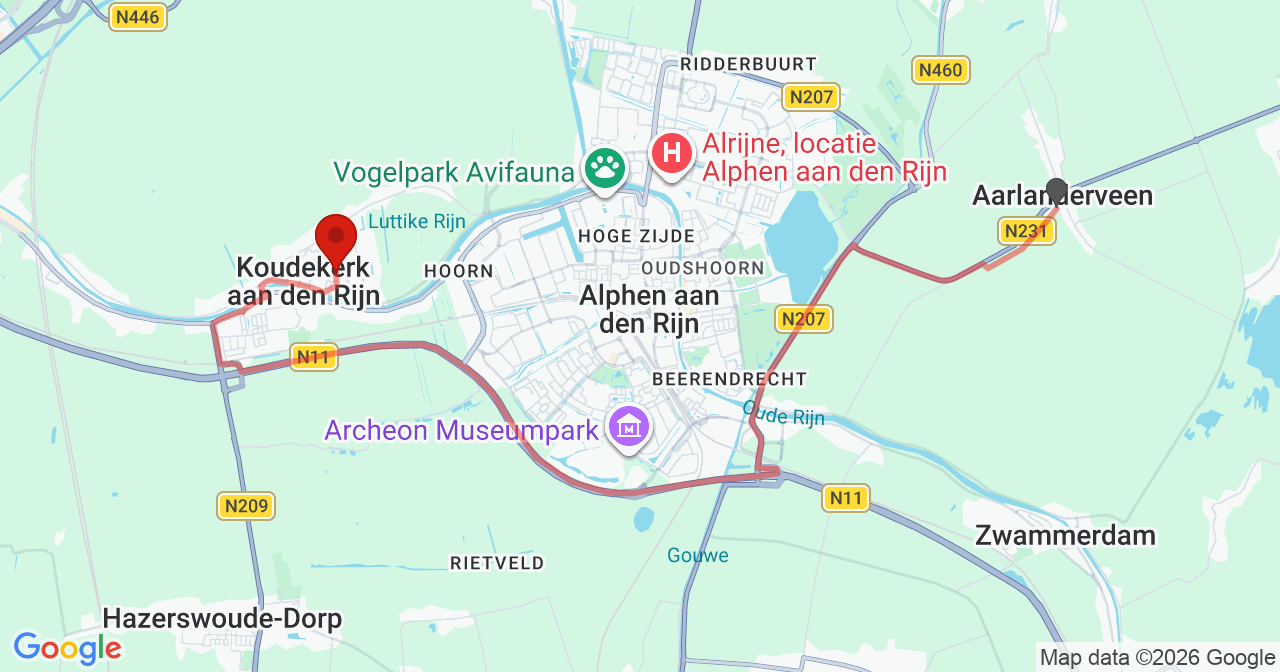 Kaart van het incident in Koudekerk aan den Rijn met de aanrijroutes van de gealarmeerde eenheden