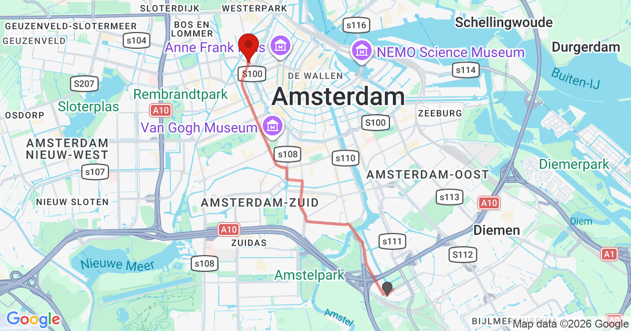 Kaart van het incident in Amsterdam met de aanrijroutes van de gealarmeerde eenheden