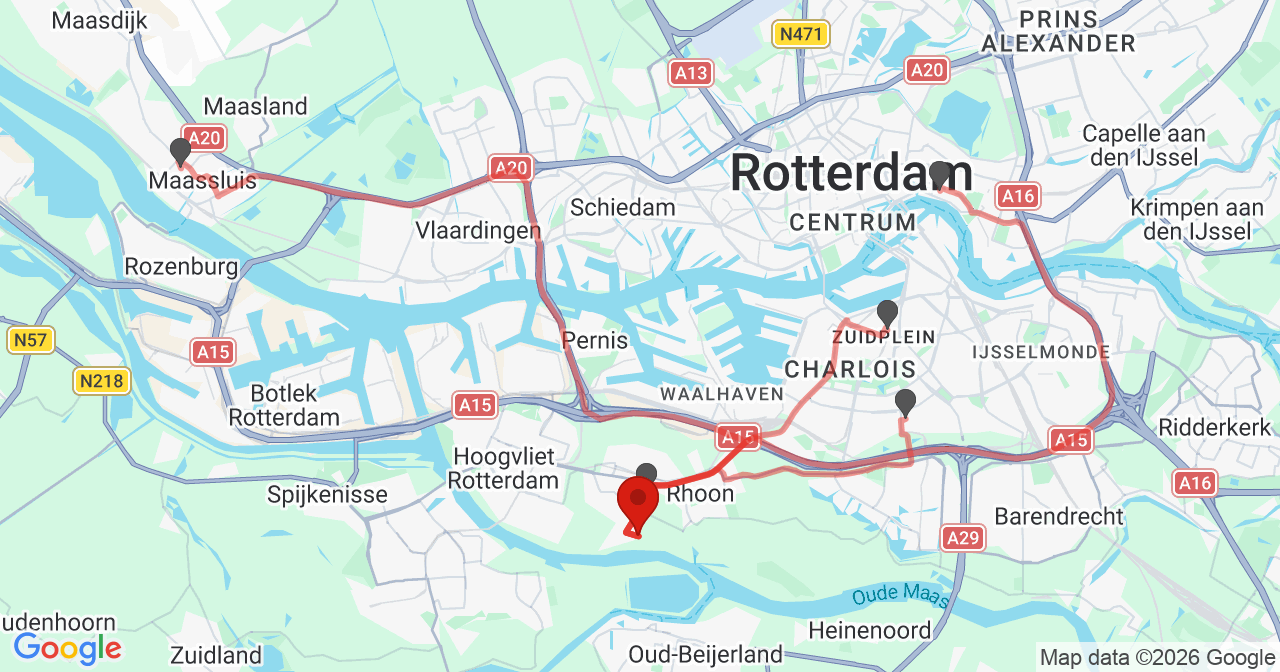 Kaart van het incident in Poortugaal met de aanrijroutes van de gealarmeerde eenheden