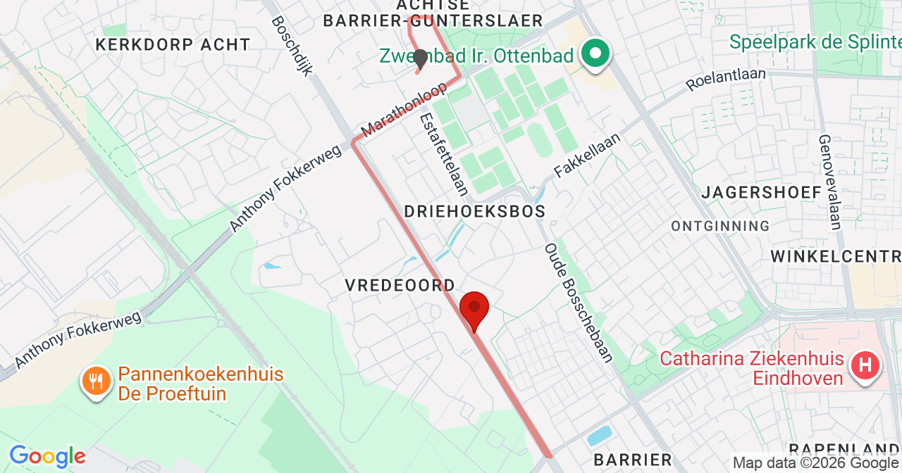 Kaart van het incident in Eindhoven met de aanrijroutes van de gealarmeerde eenheden