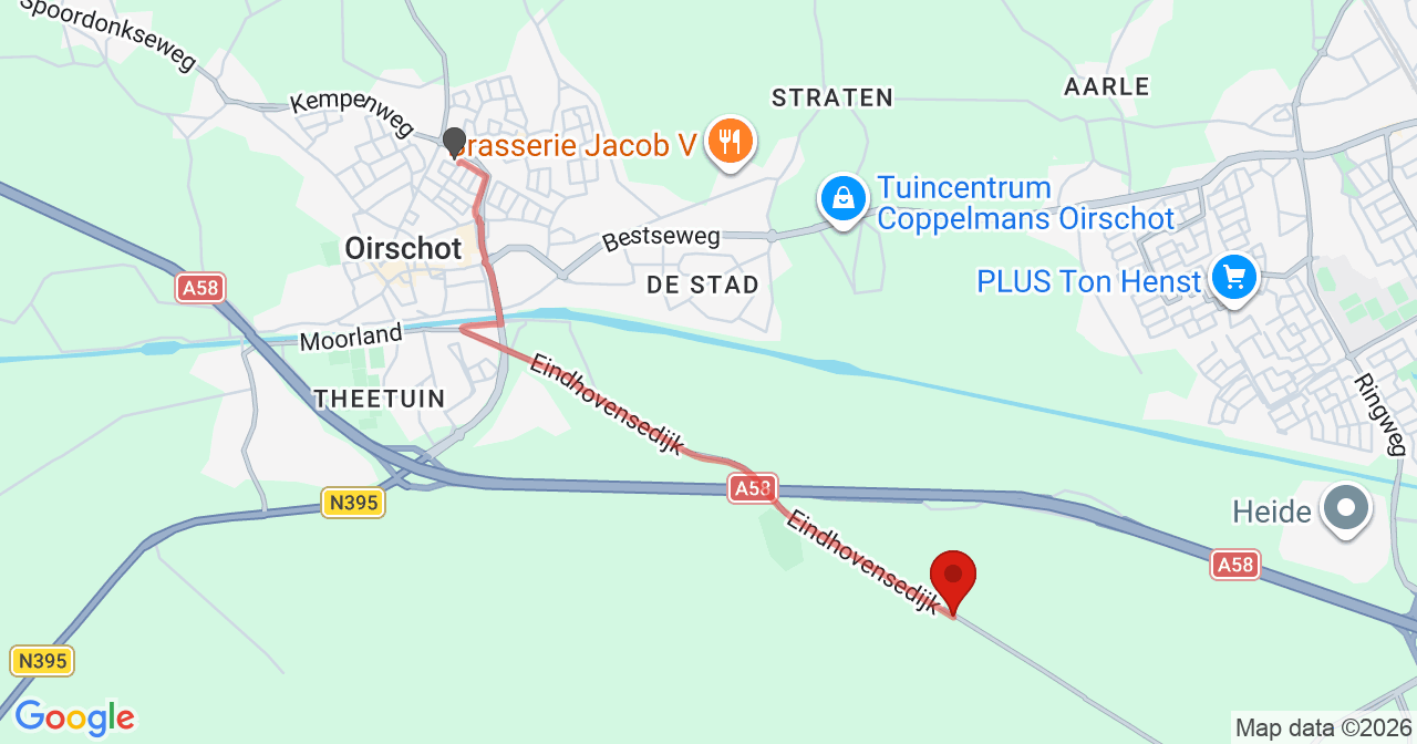 Kaart van het incident in Oirschot met de aanrijroutes van de gealarmeerde eenheden