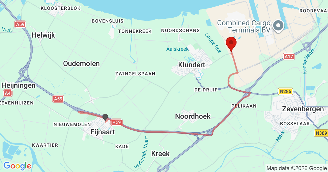 Kaart van het incident in Klundert met de aanrijroutes van de gealarmeerde eenheden