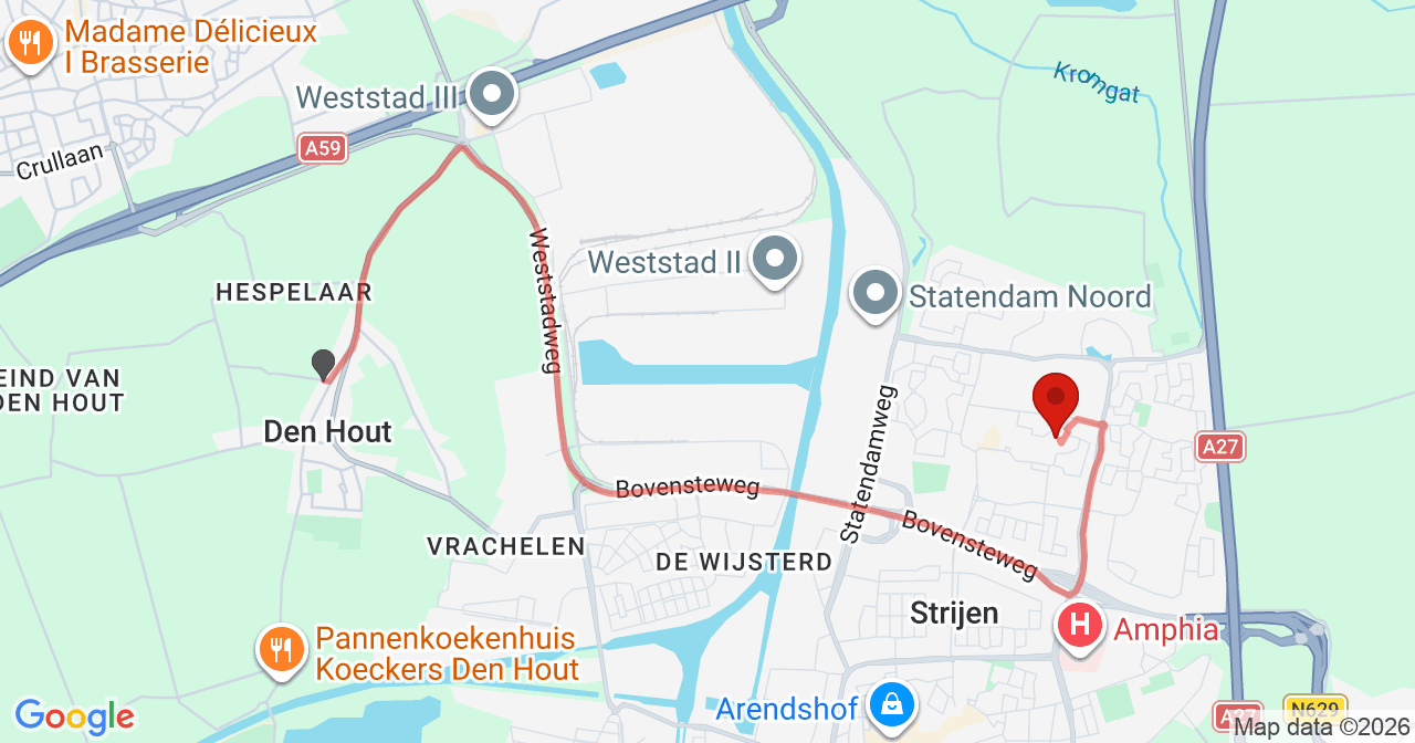 Kaart van het incident in Oosterhout NB met de aanrijroutes van de gealarmeerde eenheden