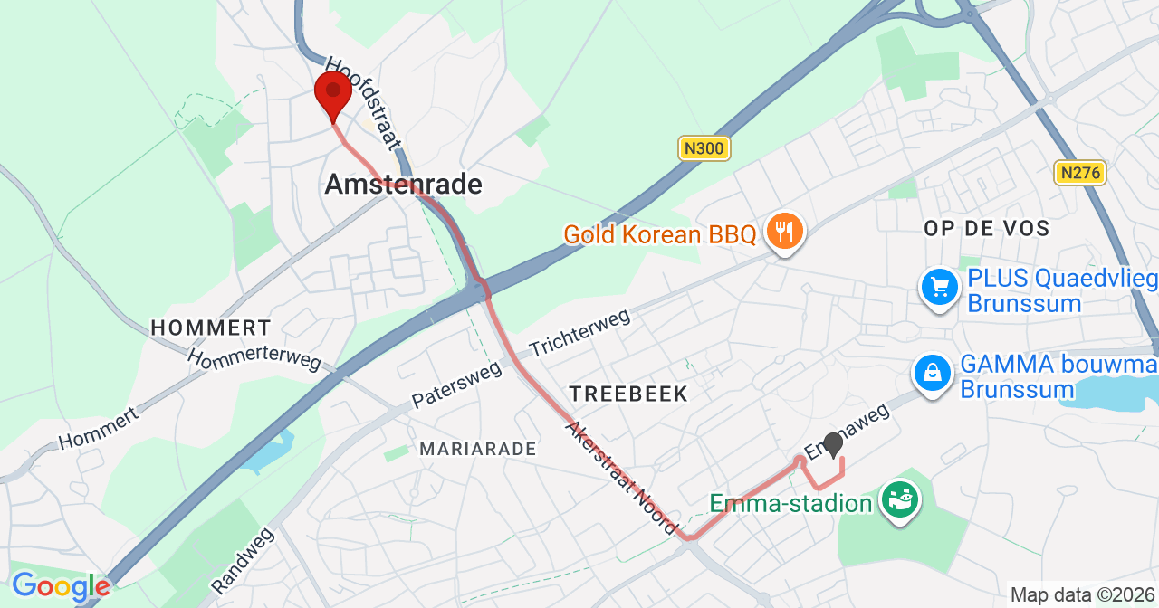 Kaart van het incident in Amstenrade met de aanrijroutes van de gealarmeerde eenheden