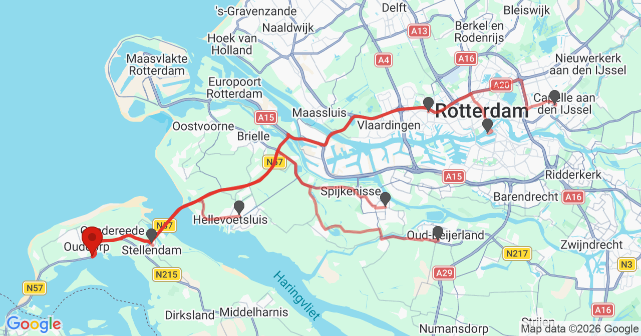 Kaart van het incident in Ouddorp met de aanrijroutes van de gealarmeerde eenheden