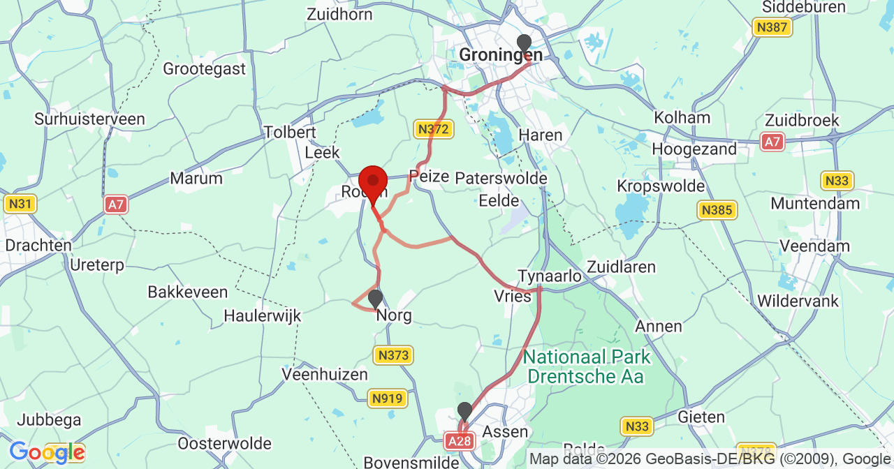 Kaart van het incident in Roden met de aanrijroutes van de gealarmeerde eenheden